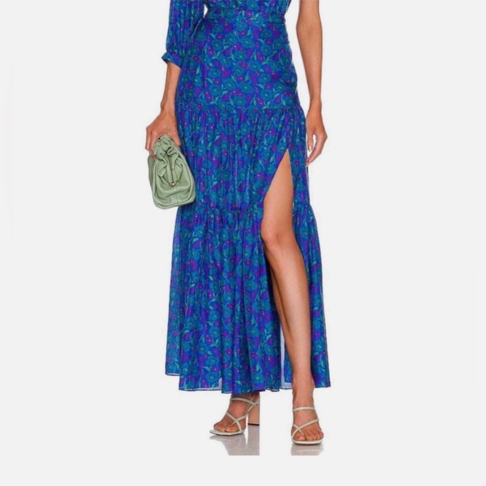 Veronica Beard Blue & Green Floral Maxi Skirt with Side Slit